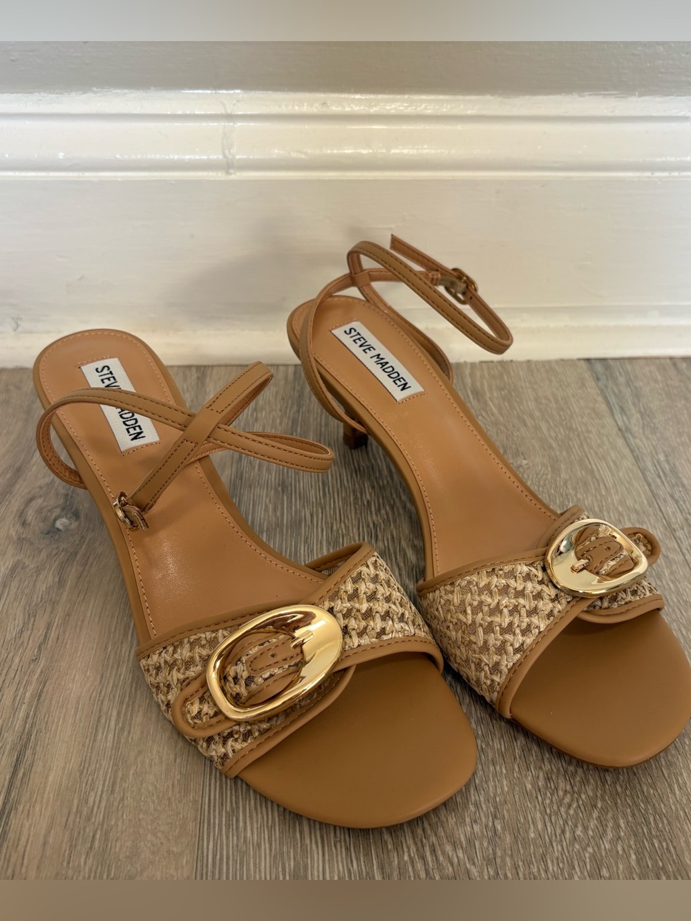 Steve Madden Henrietta in Raffia and Tan Leather Kitten Heel Sandals